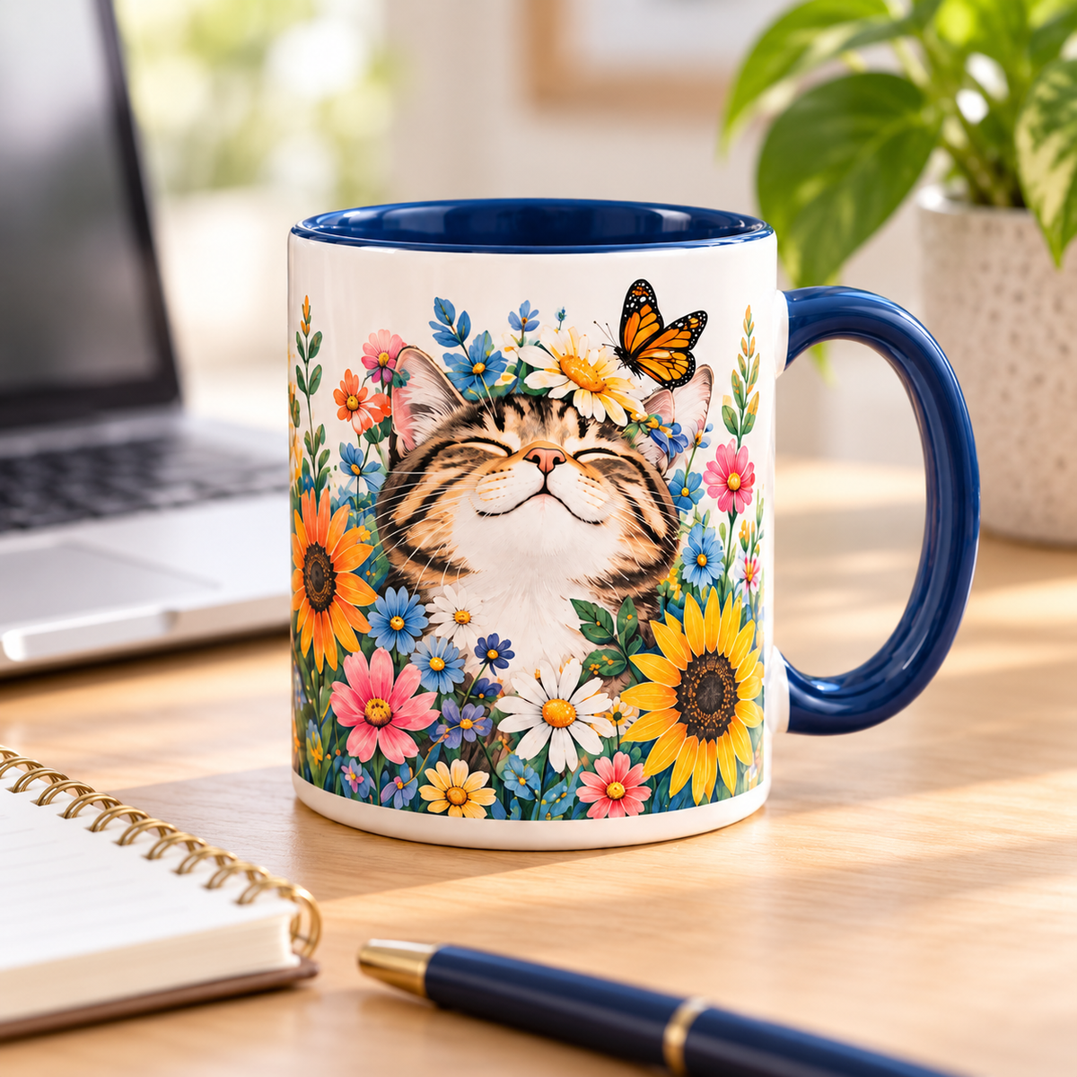 Floral Cat & Butterfly Ceramic Mug – Colorful Cat Lover Coffee Cup with Navy Interior & Handle