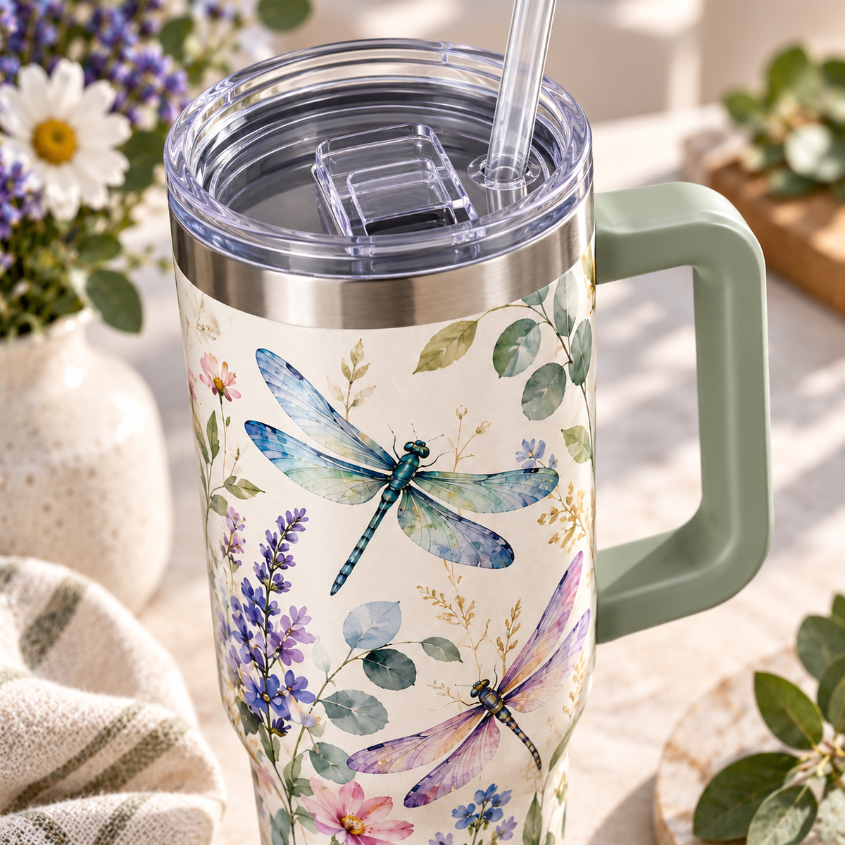Dragonfly Meadow Travel Tumbler – Floral Insulated Cup with Handle, Clear Lid & Straw
