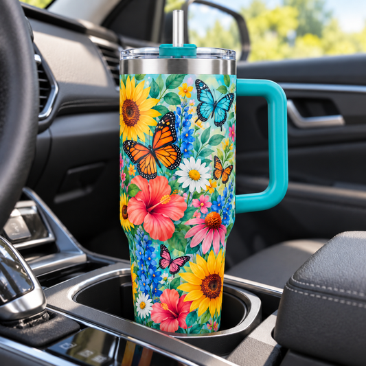 Butterfly Garden Travel Tumbler – Floral Insulated Cup with Handle, Lid & Straw