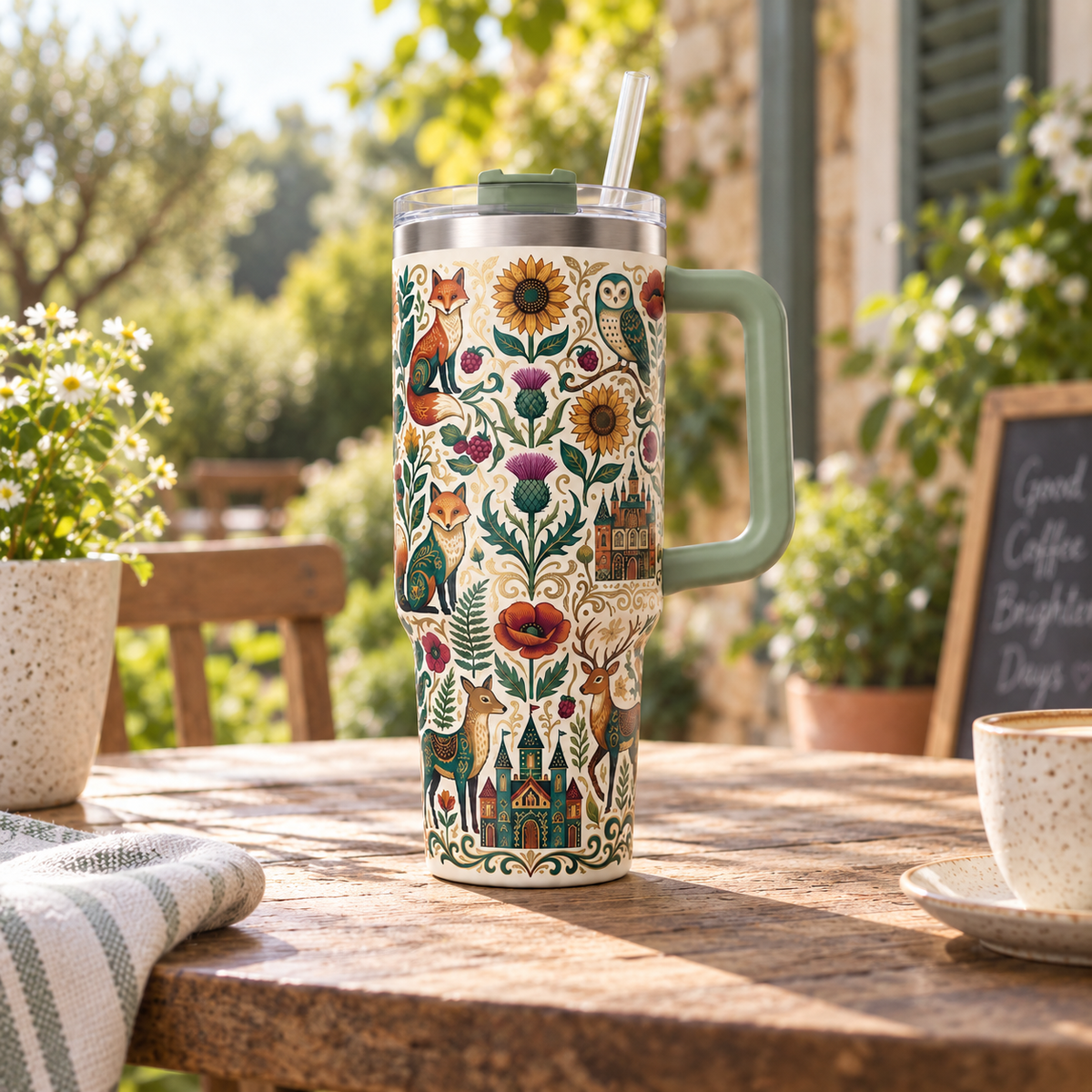 Enchanted Woodland Folk Art 40 oz Insulated Tumbler with Handle and Straw