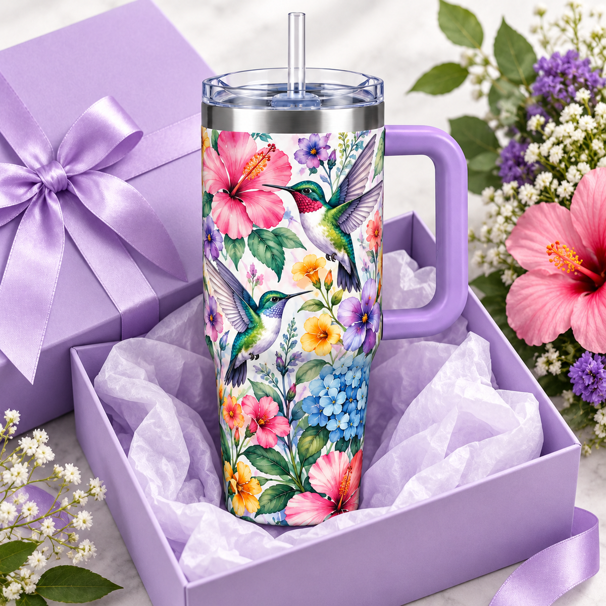 Hummingbird Bloom Travel Tumbler – Floral Insulated Cup with Handle, Clear Lid & Straw
