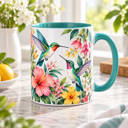 Hummingbird Garden Ceramic Mug – Colorful Floral Coffee Cup with Turquoise Interior & Handle