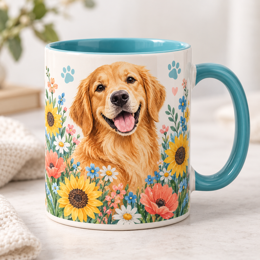 Golden Retriever Floral Ceramic Mug – Colorful Dog Lover Coffee Cup with Blue Interior & Handle