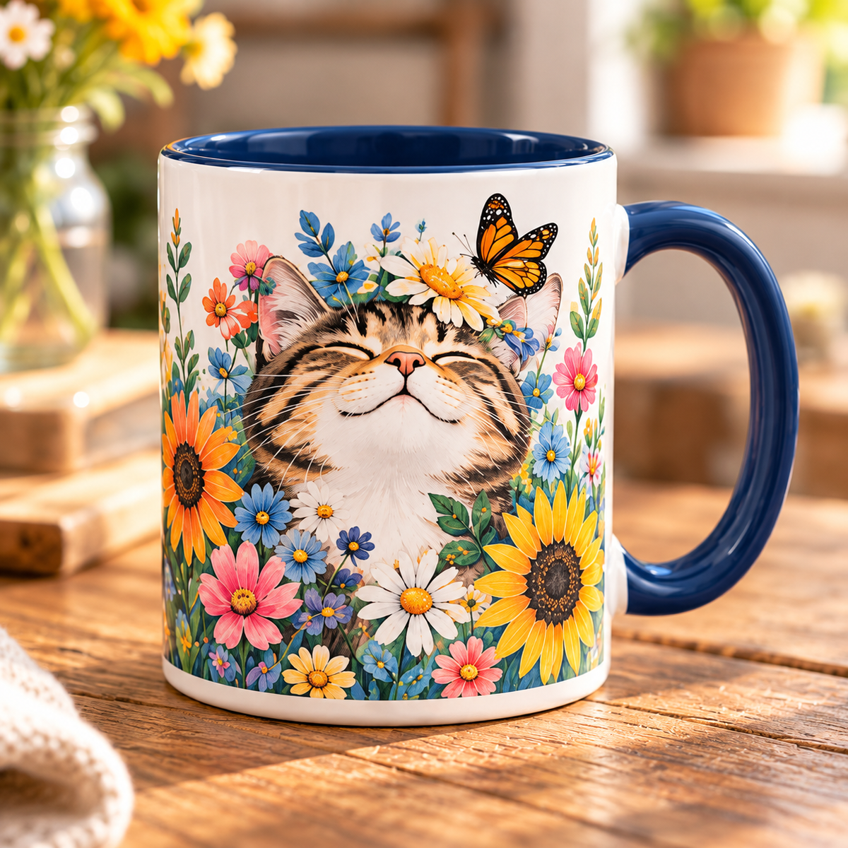 Floral Cat & Butterfly Ceramic Mug – Colorful Cat Lover Coffee Cup with Navy Interior & Handle