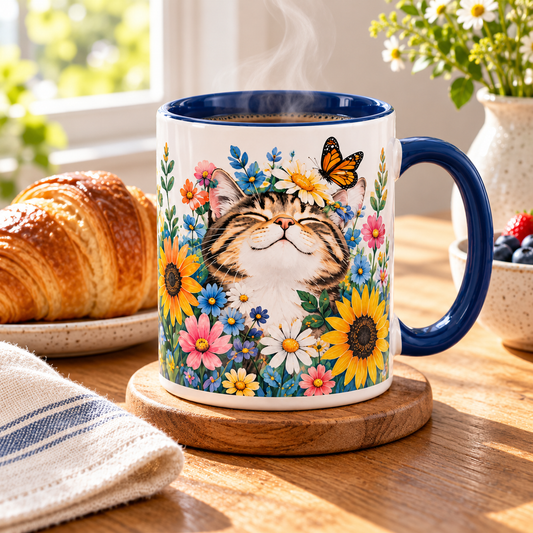 Floral Cat & Butterfly Ceramic Mug – Colorful Cat Lover Coffee Cup with Navy Interior & Handle