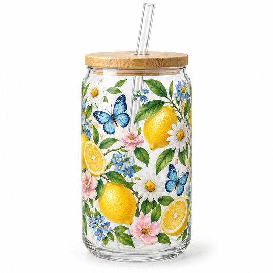 Lemon Butterfly Garden Glass Tumbler – Floral Drinking Glass with Bamboo Lid & Reusable Straw
