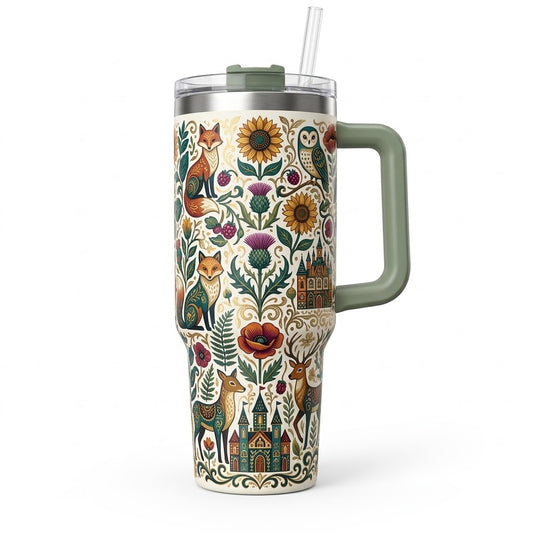 Enchanted Woodland Folk Art 40 oz Insulated Tumbler with Handle and Straw