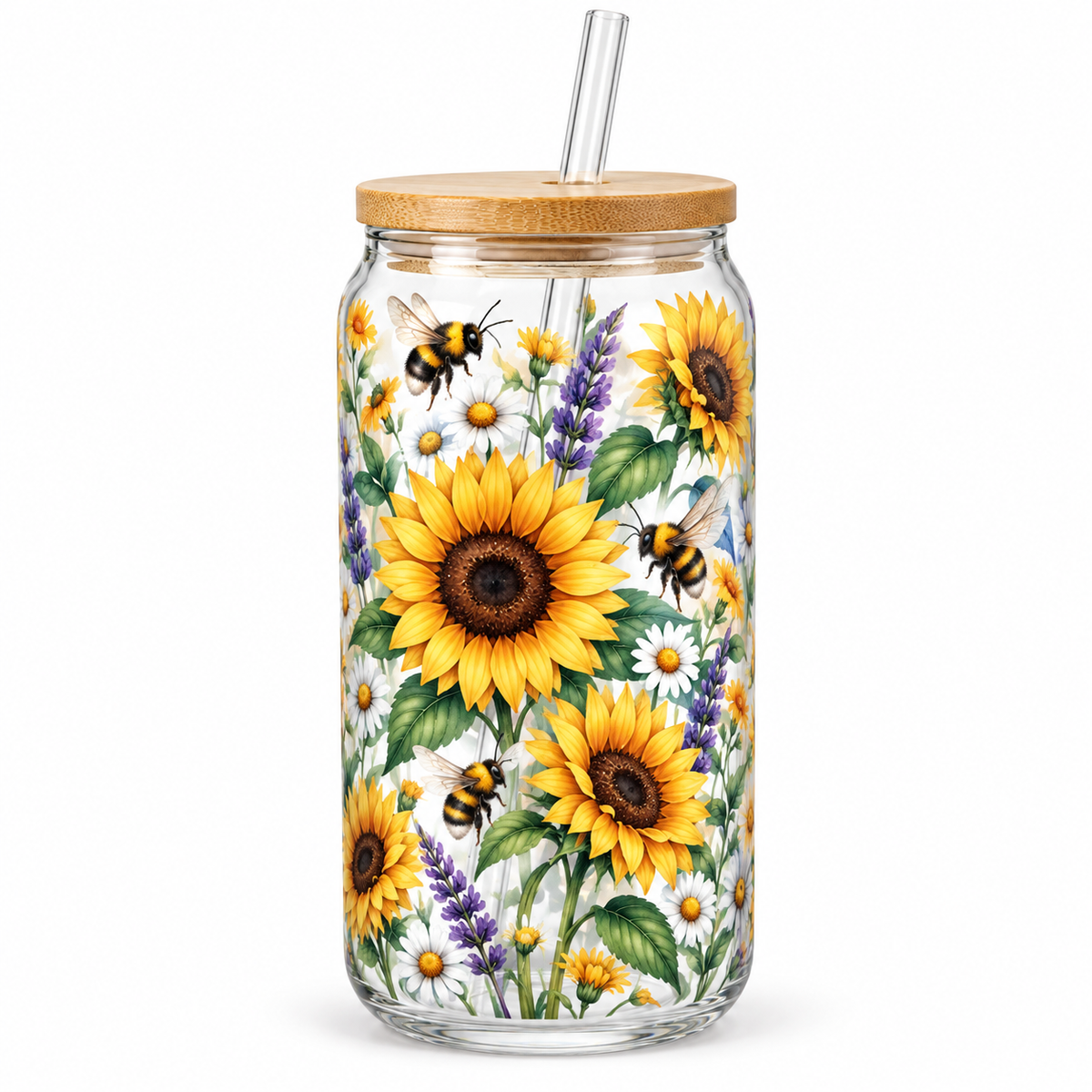 Sunflower & Bumblebee Garden Glass Tumbler – Floral Drinking Glass with Bamboo Lid & Reusable Straw