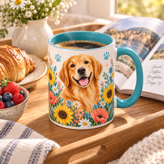 Golden Retriever Floral Ceramic Mug – Colorful Dog Lover Coffee Cup with Blue Interior & Handle