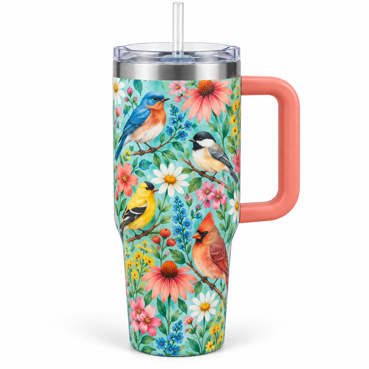Garden Songbird Travel Tumbler – Floral Cup with Handle, Clear Lid & Straw