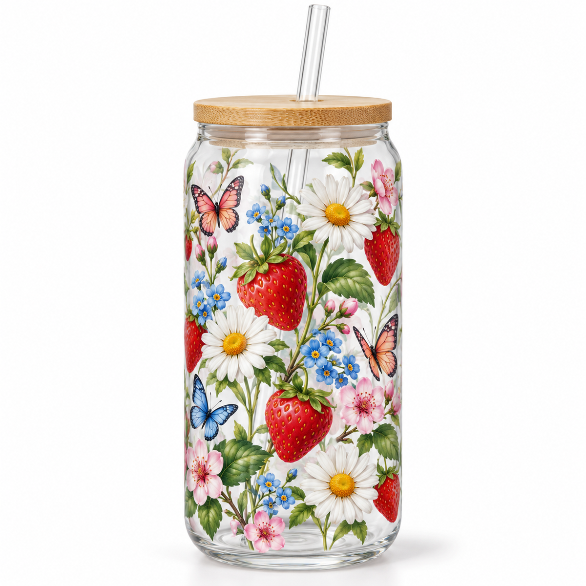 Strawberry Meadow Glass Tumbler – Floral Drinking Glass with Bamboo Lid & Reusable Straw
