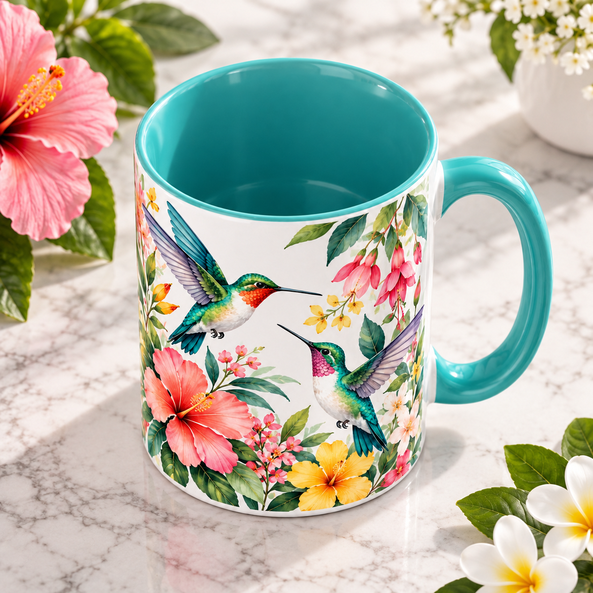 Hummingbird Garden Ceramic Mug – Colorful Floral Coffee Cup with Turquoise Interior & Handle