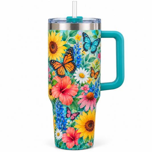 Butterfly Garden Travel Tumbler – Floral Insulated Cup with Handle, Lid & Straw