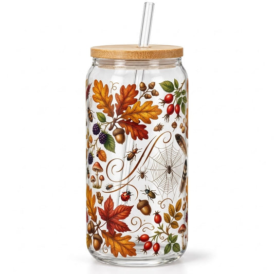 Autumn Woodland Glass Tumbler – Fall Botanical Drinking Glass with Bamboo Lid & Reusable Straw