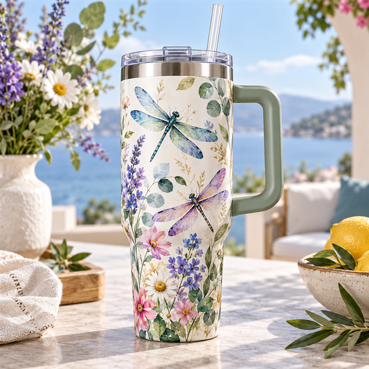 Dragonfly Meadow Travel Tumbler – Floral Insulated Cup with Handle, Clear Lid & Straw
