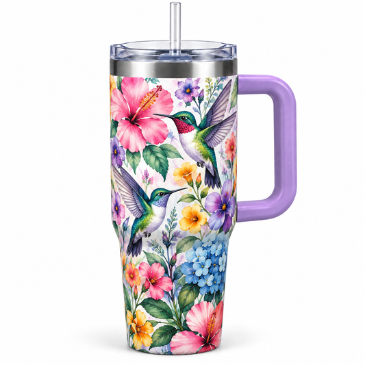 Hummingbird Bloom Travel Tumbler – Floral Insulated Cup with Handle, Clear Lid & Straw