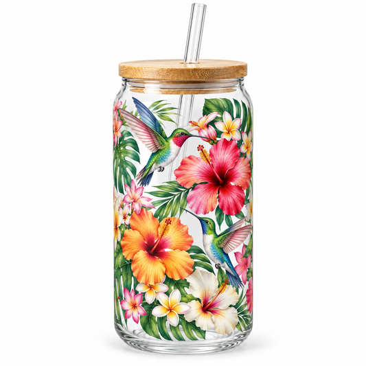Tropical Hummingbird Garden Glass Tumbler – Floral Drinking Glass with Bamboo Lid & Reusable Straw