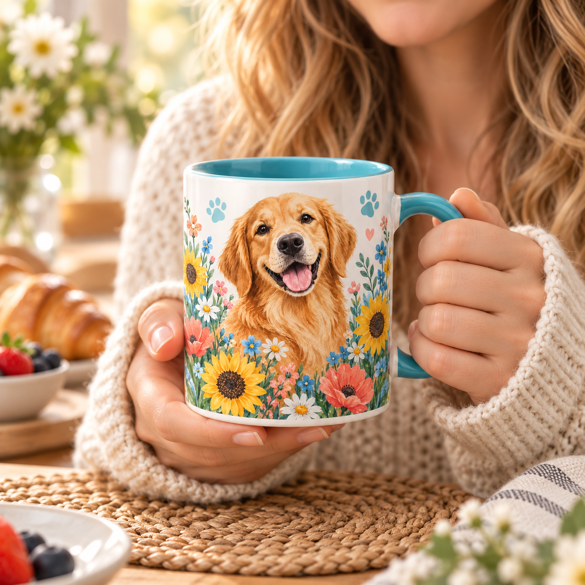 Golden Retriever Floral Ceramic Mug – Colorful Dog Lover Coffee Cup with Blue Interior & Handle