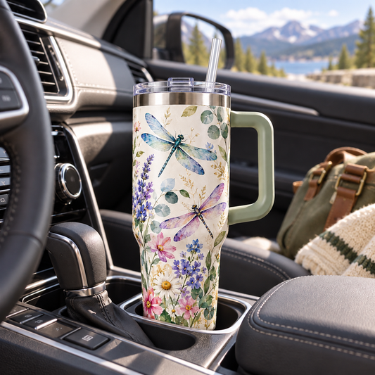 Dragonfly Meadow Travel Tumbler – Floral Insulated Cup with Handle, Clear Lid & Straw