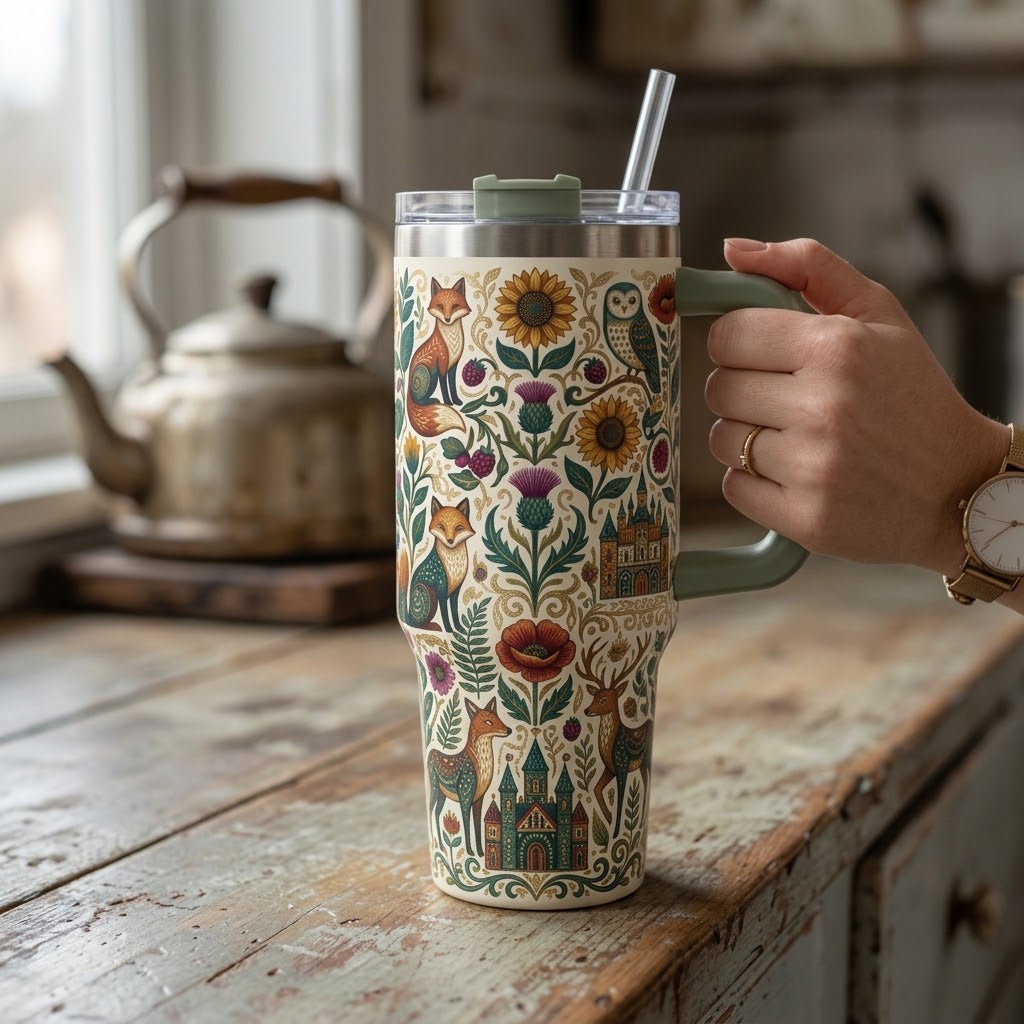 Enchanted Woodland Folk Art 40 oz Insulated Tumbler with Handle and Straw