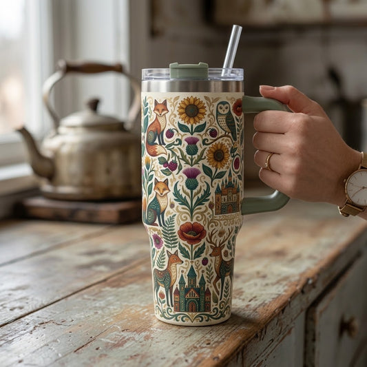 Enchanted Woodland Folk Art 40 oz Insulated Tumbler with Handle and Straw