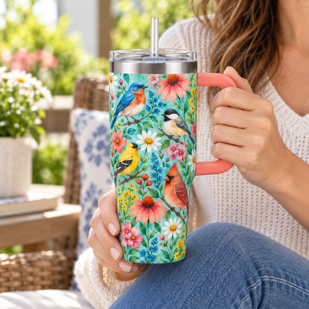 Garden Songbird Travel Tumbler – Floral Cup with Handle, Clear Lid & Straw