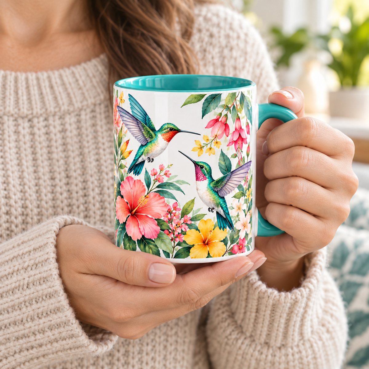 Hummingbird Garden Ceramic Mug – Colorful Floral Coffee Cup with Turquoise Interior & Handle