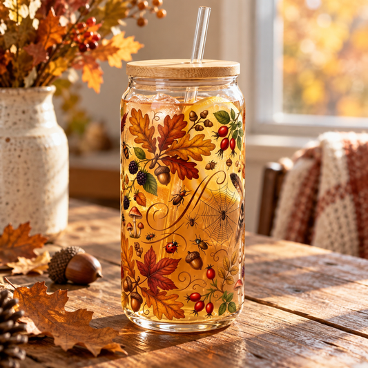 Autumn Woodland Glass Tumbler – Fall Botanical Drinking Glass with Bamboo Lid & Reusable Straw