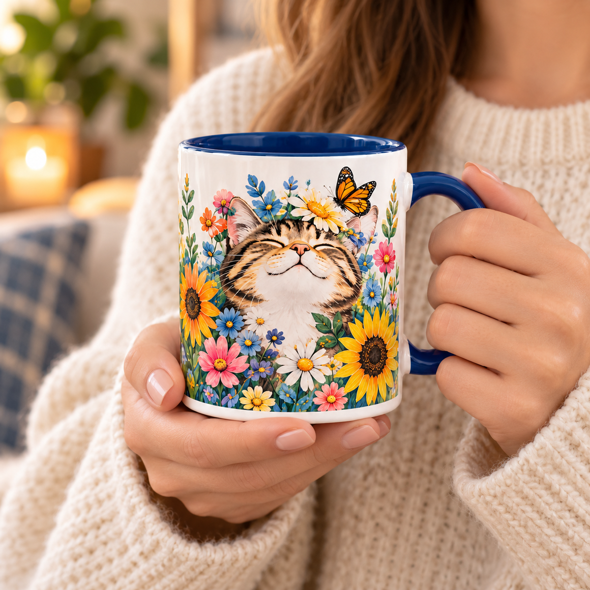 Floral Cat & Butterfly Ceramic Mug – Colorful Cat Lover Coffee Cup with Navy Interior & Handle