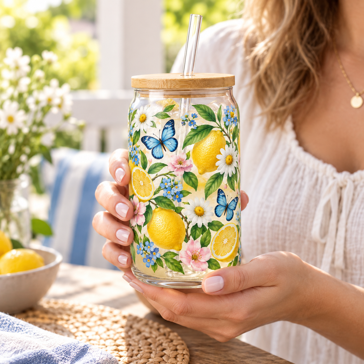Lemon Butterfly Garden Glass Tumbler – Floral Drinking Glass with Bamboo Lid & Reusable Straw