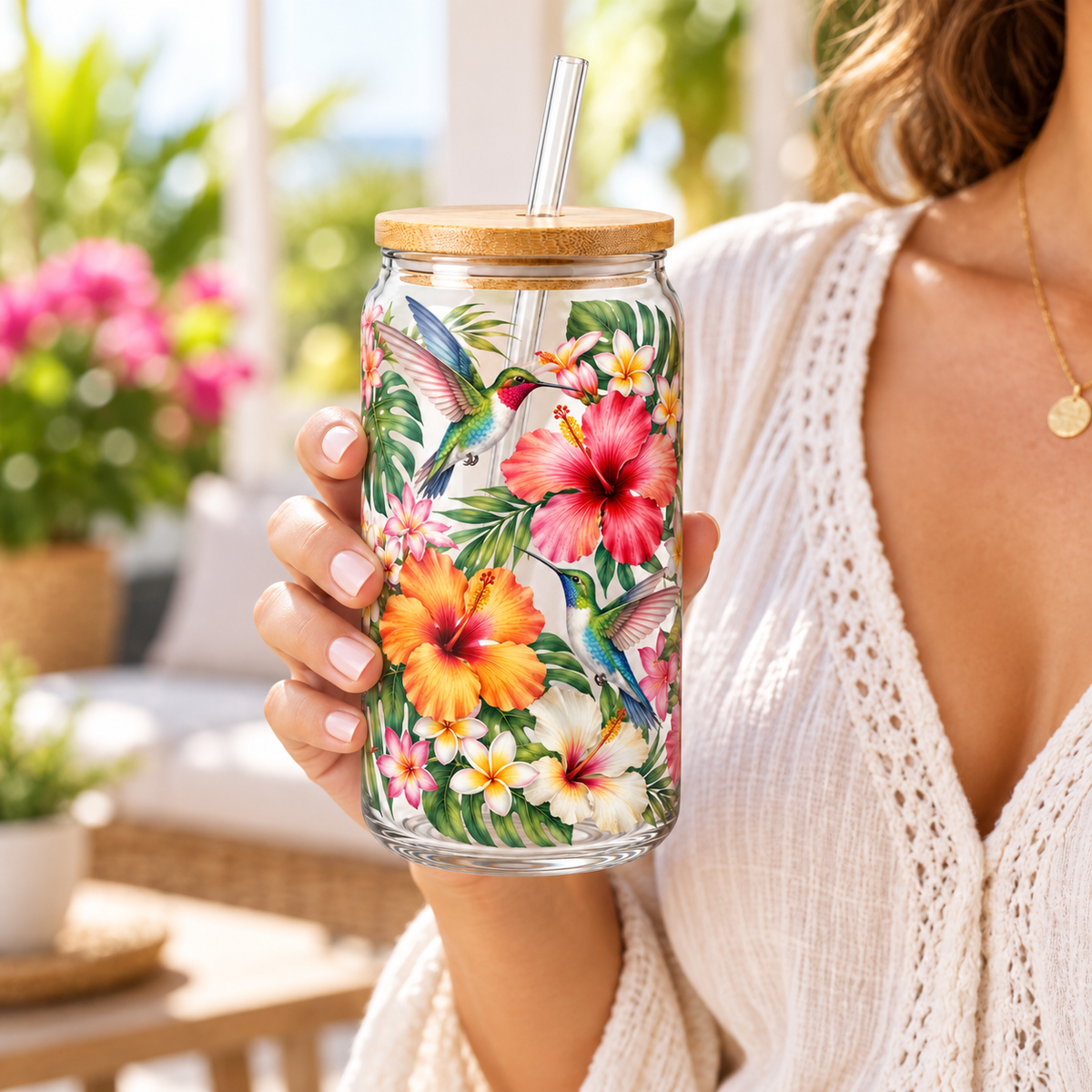 Tropical Hummingbird Garden Glass Tumbler – Floral Drinking Glass with Bamboo Lid & Reusable Straw