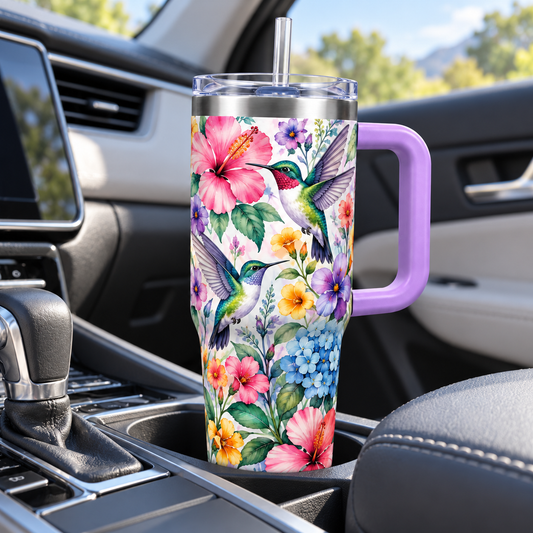 Hummingbird Bloom Travel Tumbler – Floral Insulated Cup with Handle, Clear Lid & Straw