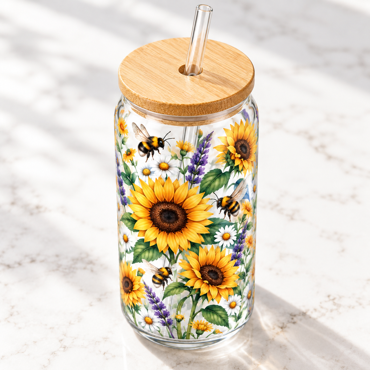 Sunflower & Bumblebee Garden Glass Tumbler – Floral Drinking Glass with Bamboo Lid & Reusable Straw
