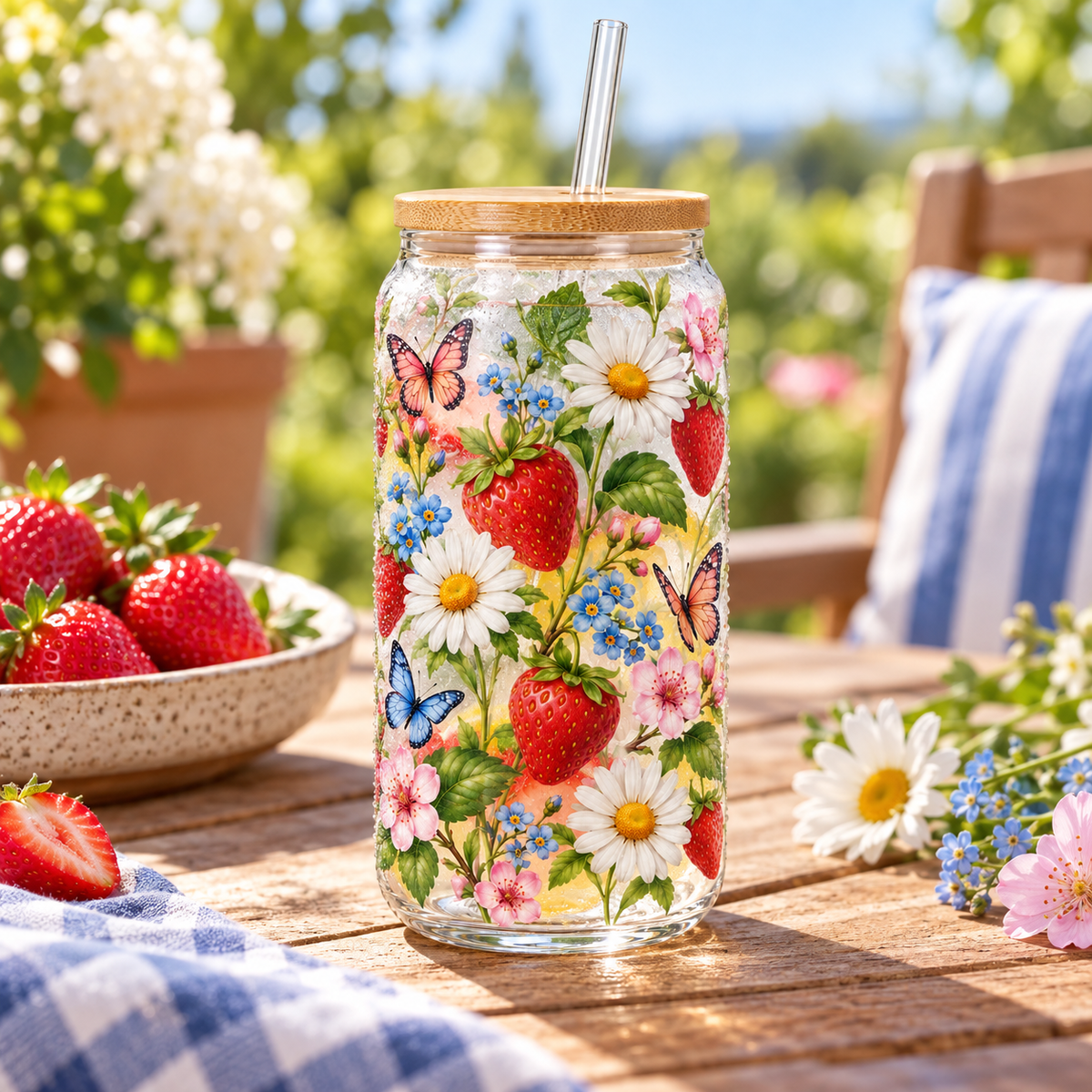 Strawberry Meadow Glass Tumbler – Floral Drinking Glass with Bamboo Lid & Reusable Straw
