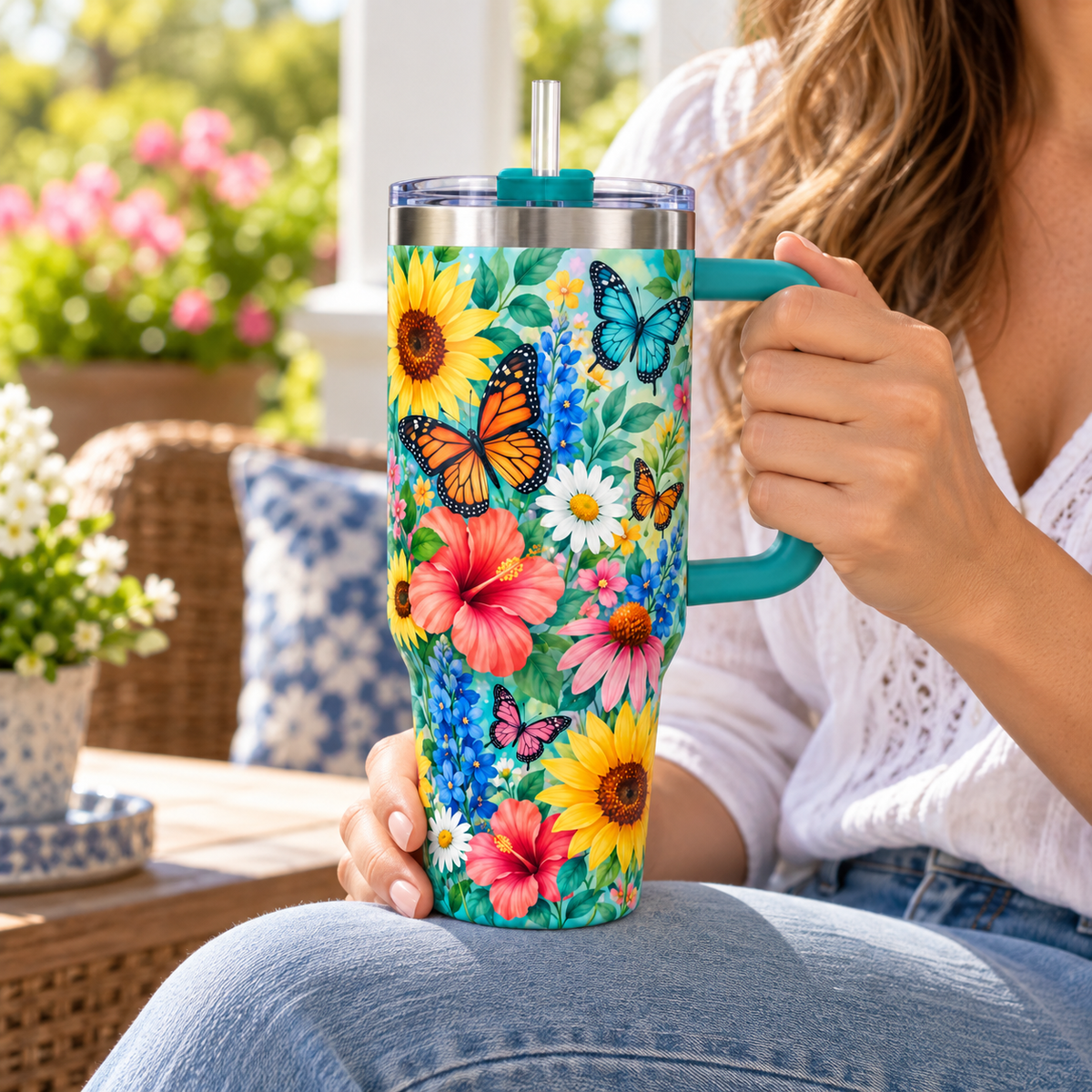 Butterfly Garden Travel Tumbler – Floral Insulated Cup with Handle, Lid & Straw