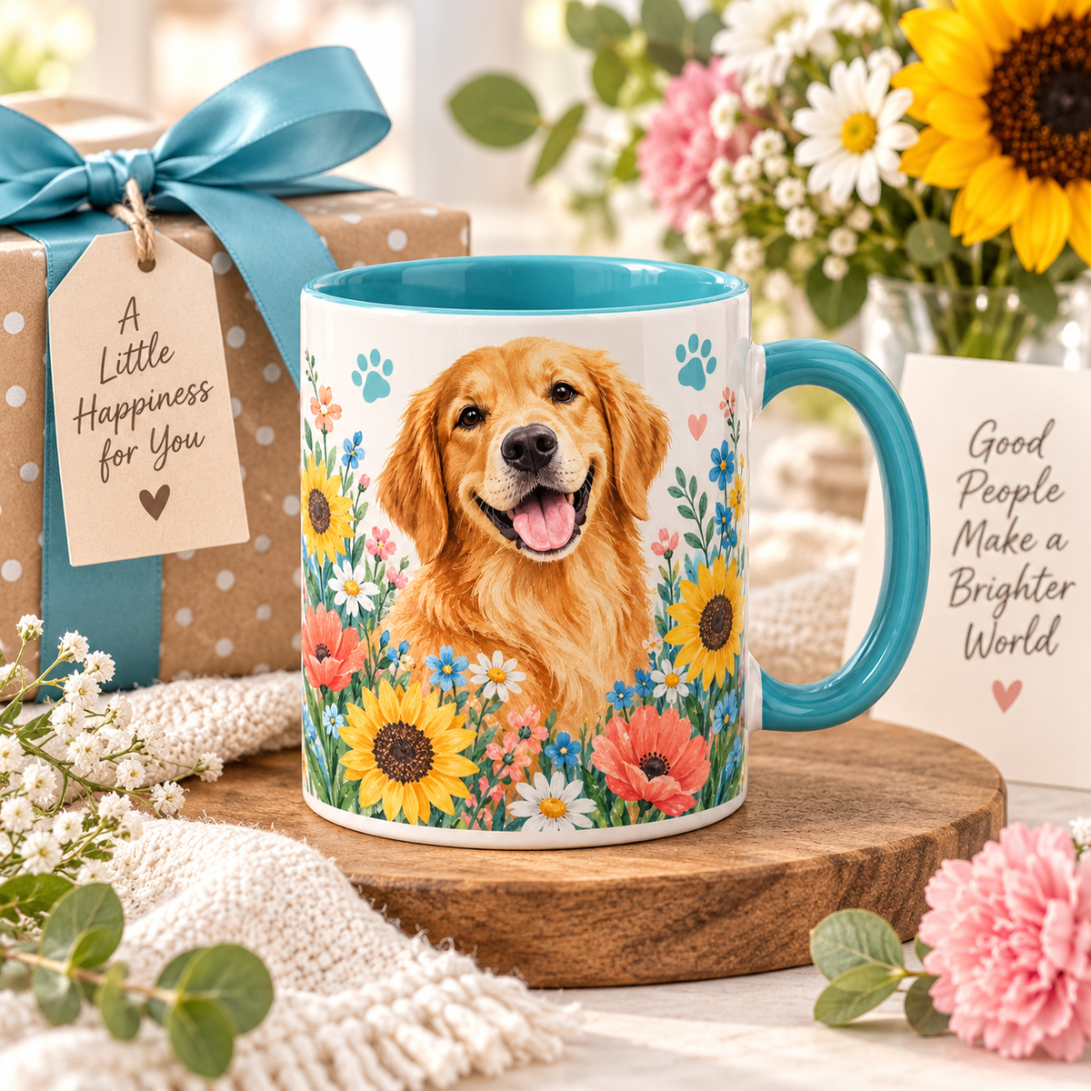 Golden Retriever Floral Ceramic Mug – Colorful Dog Lover Coffee Cup with Blue Interior & Handle
