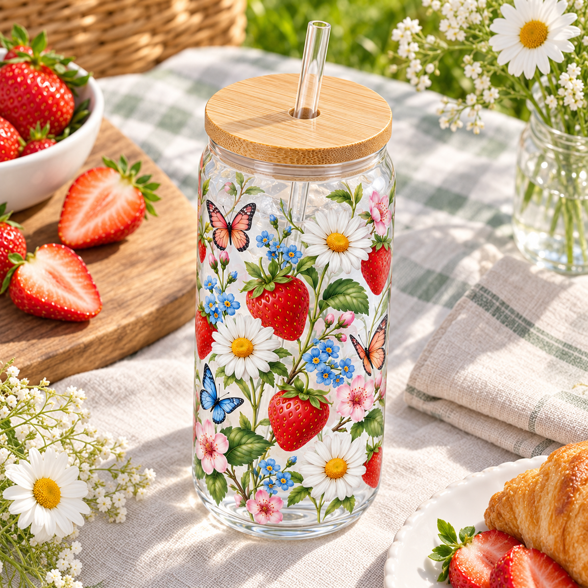 Strawberry Meadow Glass Tumbler – Floral Drinking Glass with Bamboo Lid & Reusable Straw
