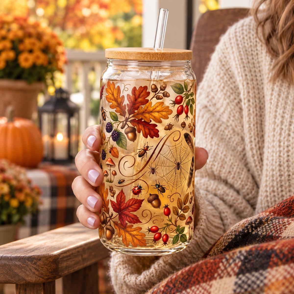 Autumn Woodland Glass Tumbler – Fall Botanical Drinking Glass with Bamboo Lid & Reusable Straw