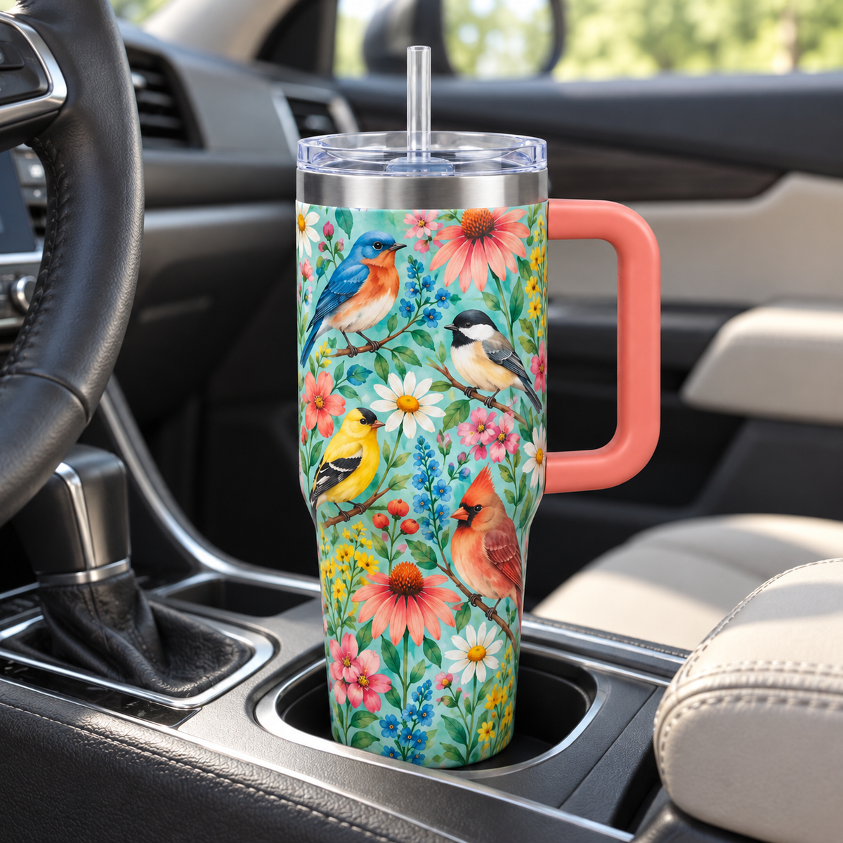 Garden Songbird Travel Tumbler – Floral Cup with Handle, Clear Lid & Straw