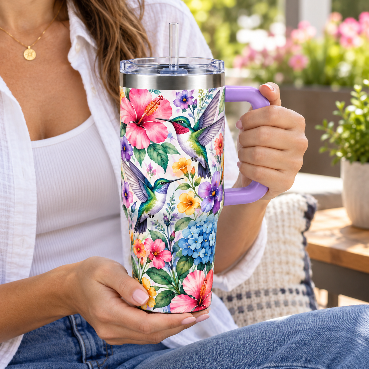 Hummingbird Bloom Travel Tumbler – Floral Insulated Cup with Handle, Clear Lid & Straw