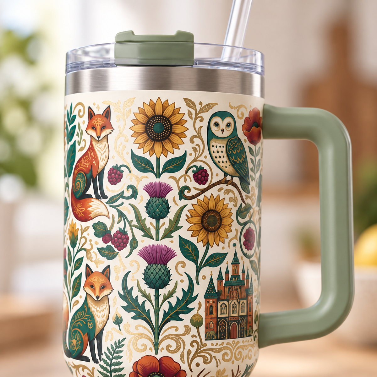 Enchanted Woodland Folk Art 40 oz Insulated Tumbler with Handle and Straw