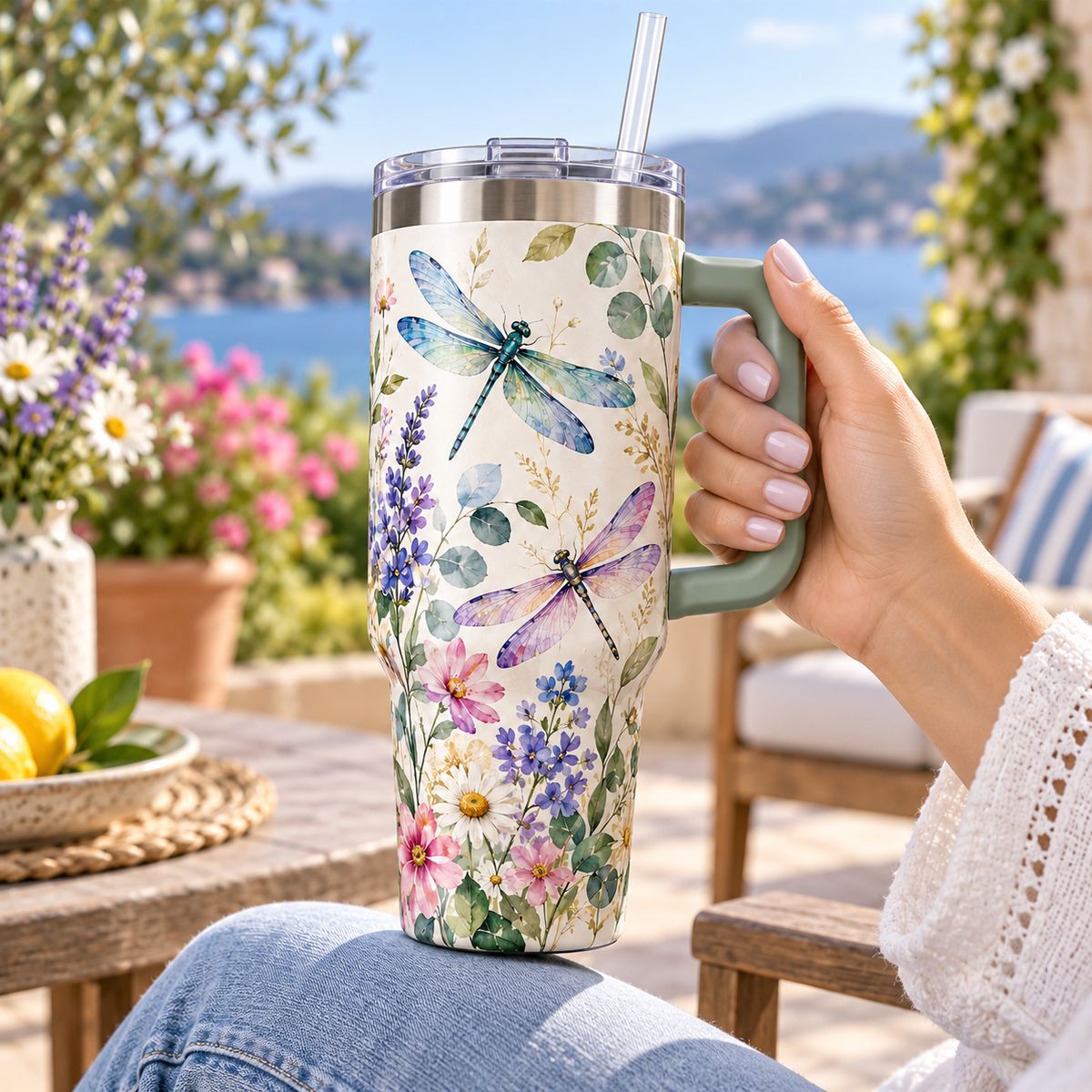 Dragonfly Meadow Travel Tumbler – Floral Insulated Cup with Handle, Clear Lid & Straw