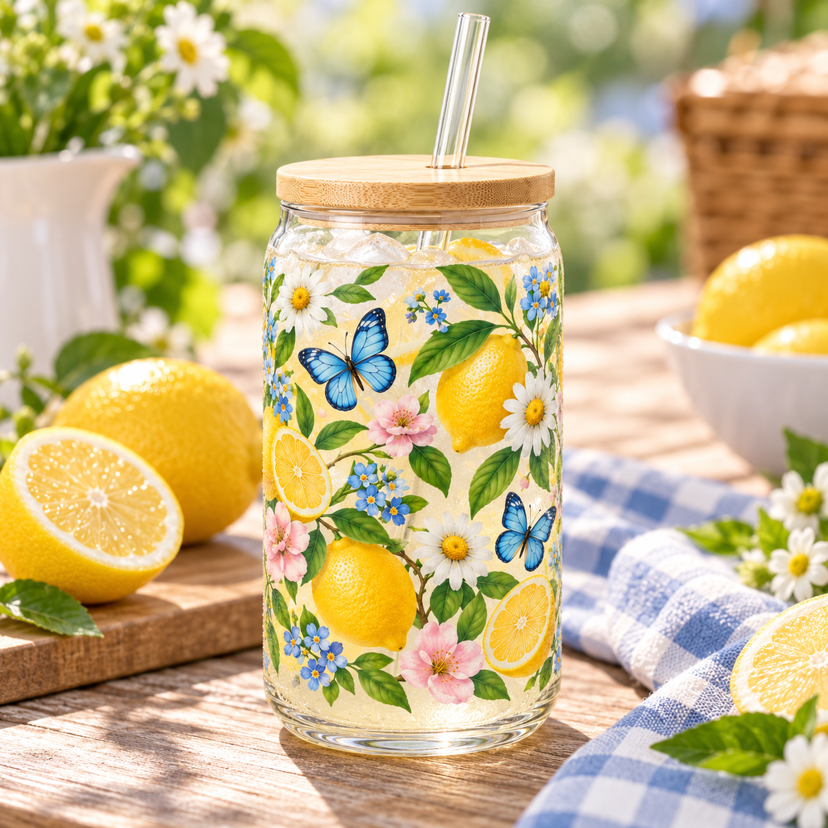 Lemon Butterfly Garden Glass Tumbler – Floral Drinking Glass with Bamboo Lid & Reusable Straw