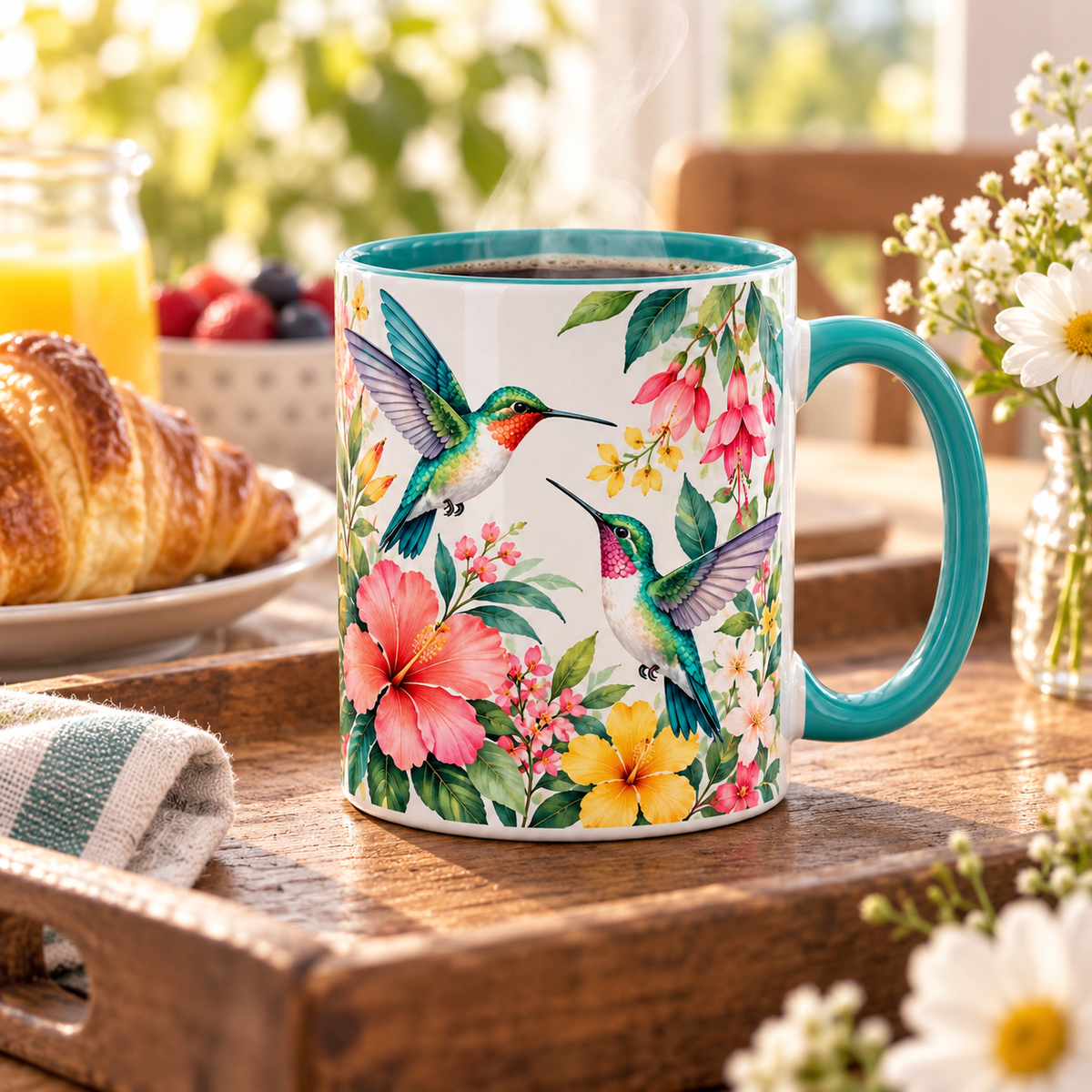 Hummingbird Garden Ceramic Mug – Colorful Floral Coffee Cup with Turquoise Interior & Handle