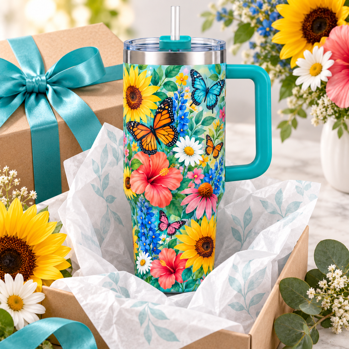 Butterfly Garden Travel Tumbler – Floral Insulated Cup with Handle, Lid & Straw