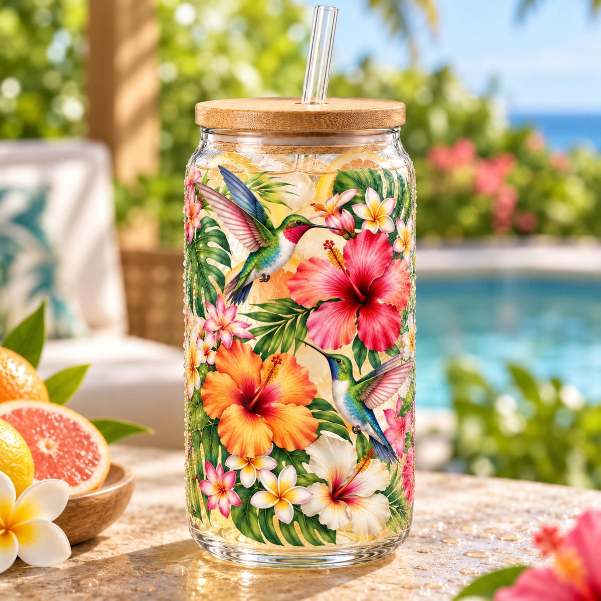 Tropical Hummingbird Garden Glass Tumbler – Floral Drinking Glass with Bamboo Lid & Reusable Straw