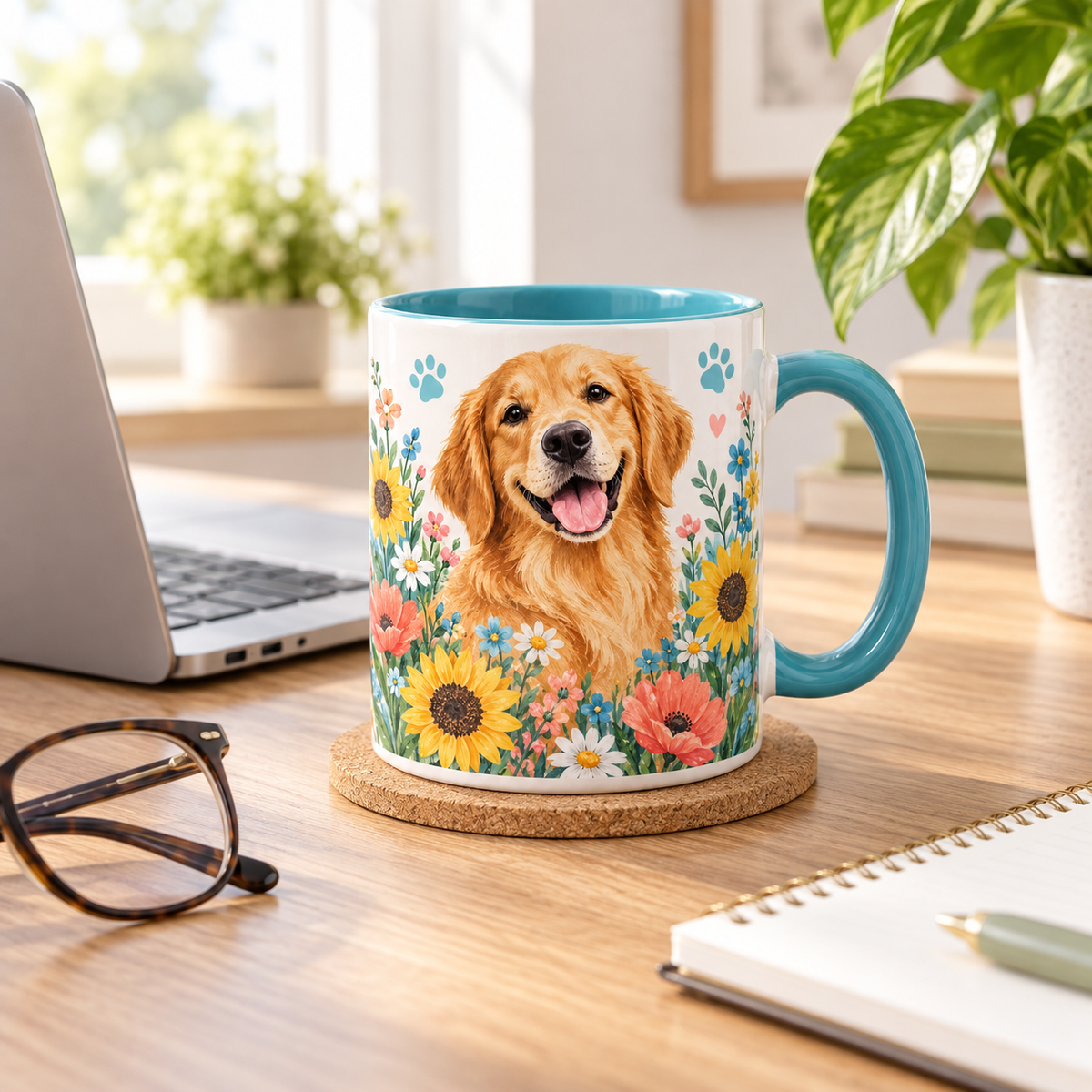 Golden Retriever Floral Ceramic Mug – Colorful Dog Lover Coffee Cup with Blue Interior & Handle