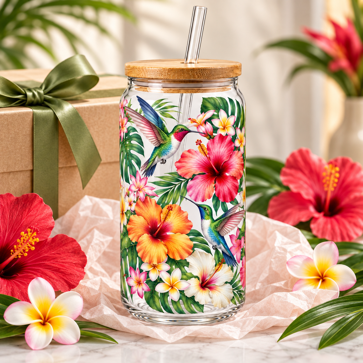 Tropical Hummingbird Garden Glass Tumbler – Floral Drinking Glass with Bamboo Lid & Reusable Straw