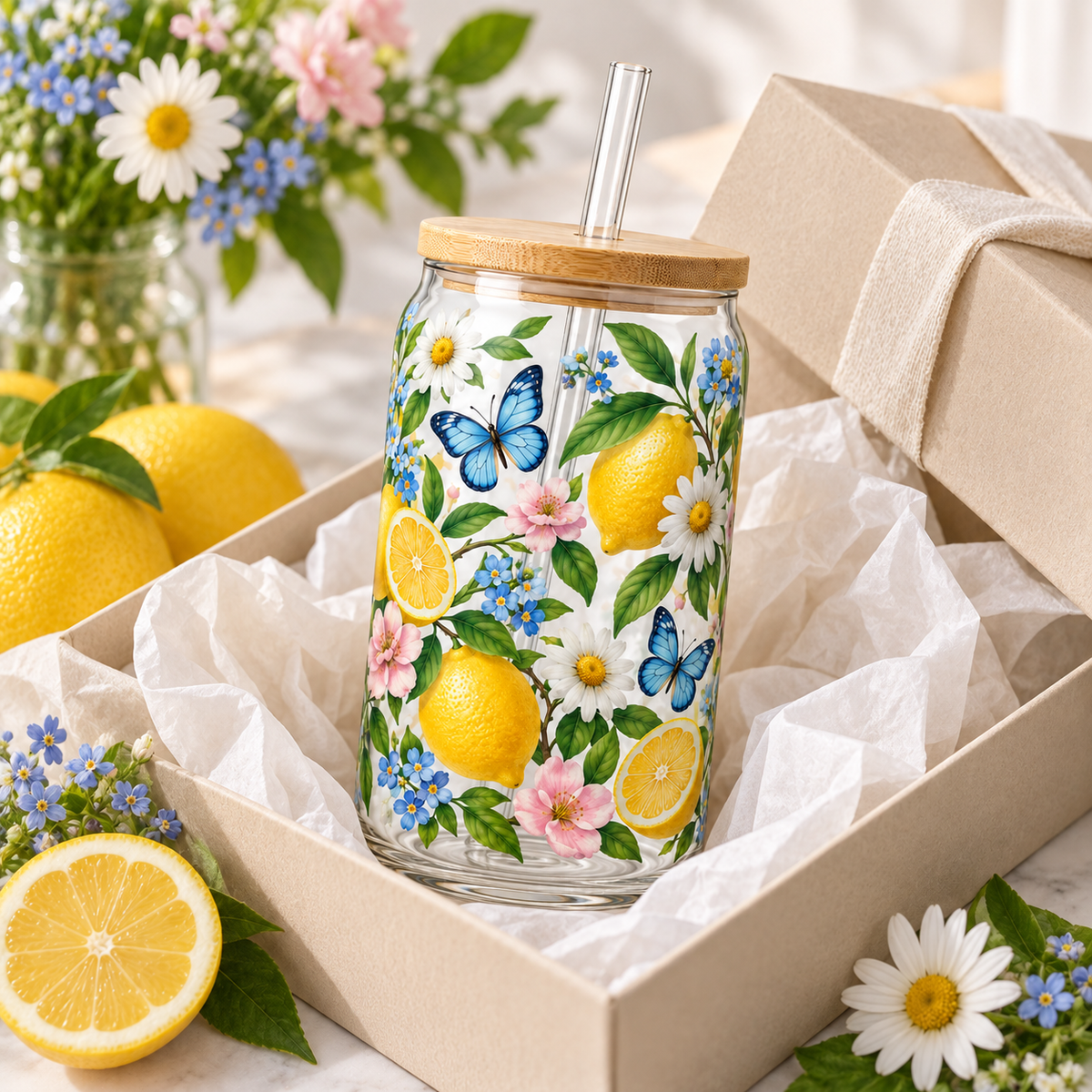 Lemon Butterfly Garden Glass Tumbler – Floral Drinking Glass with Bamboo Lid & Reusable Straw