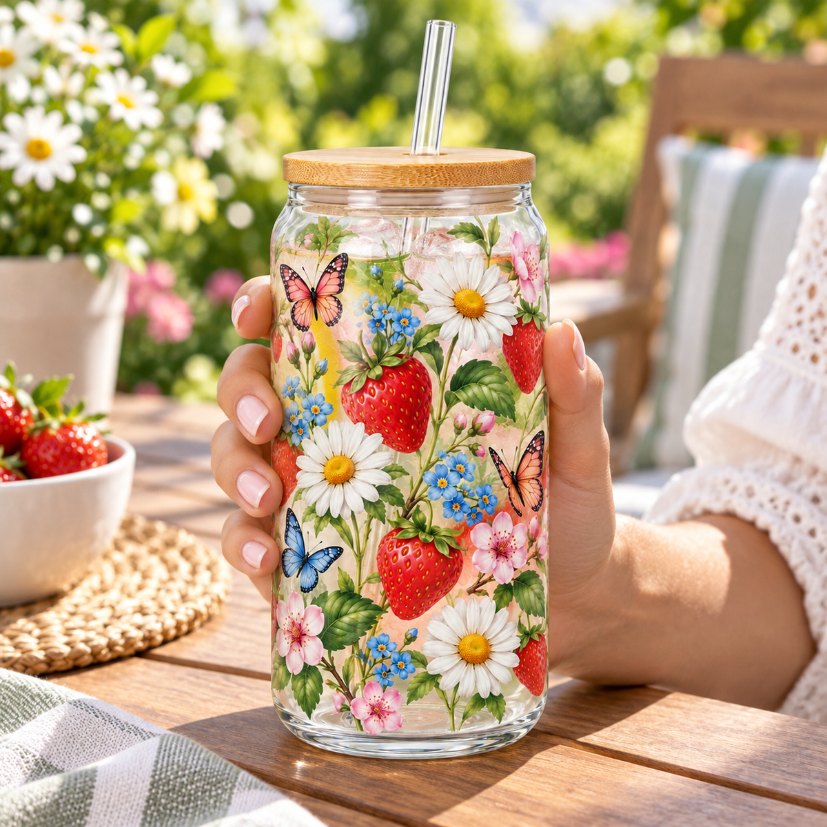 Strawberry Meadow Glass Tumbler – Floral Drinking Glass with Bamboo Lid & Reusable Straw